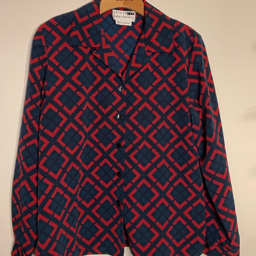 Women’s Vintage Leslie Fay haberdashery long sleeve red and green blouse sz 8